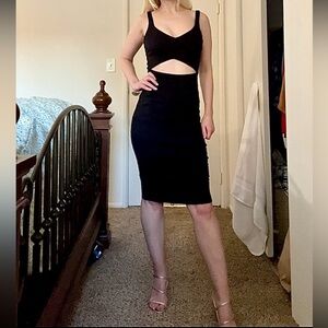 Express Black Bodycon Cocktail Strapless Midi Dress with Cutouts
